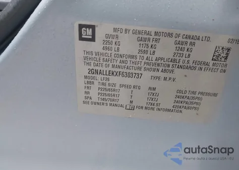 2015 Chevrolet Equinox L z USA, uszkodzony, nr VIN 2GNALLEKXF6303737